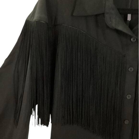 Emerson Fry Fringe Shirtdress In Black Tencel Button Front Pockets Size Small - Picture 6 of 15